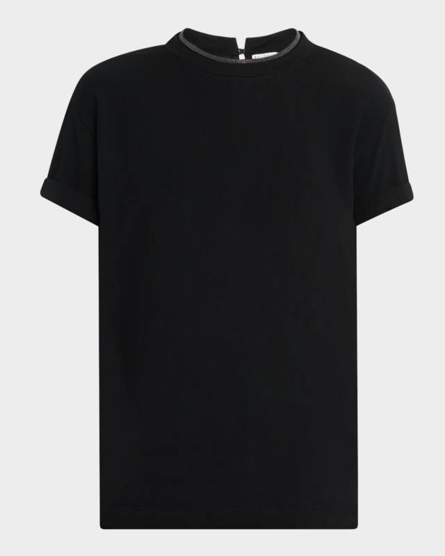 Monili-Neck Short-Sleeved Flat Cotton T-Shirt